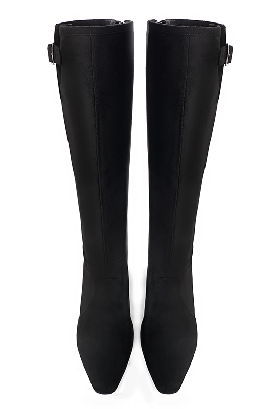 Matt black women's knee-high boots with buckles. Square toe. Flat flare heels. Made to measure. Top view - Florence KOOIJMAN